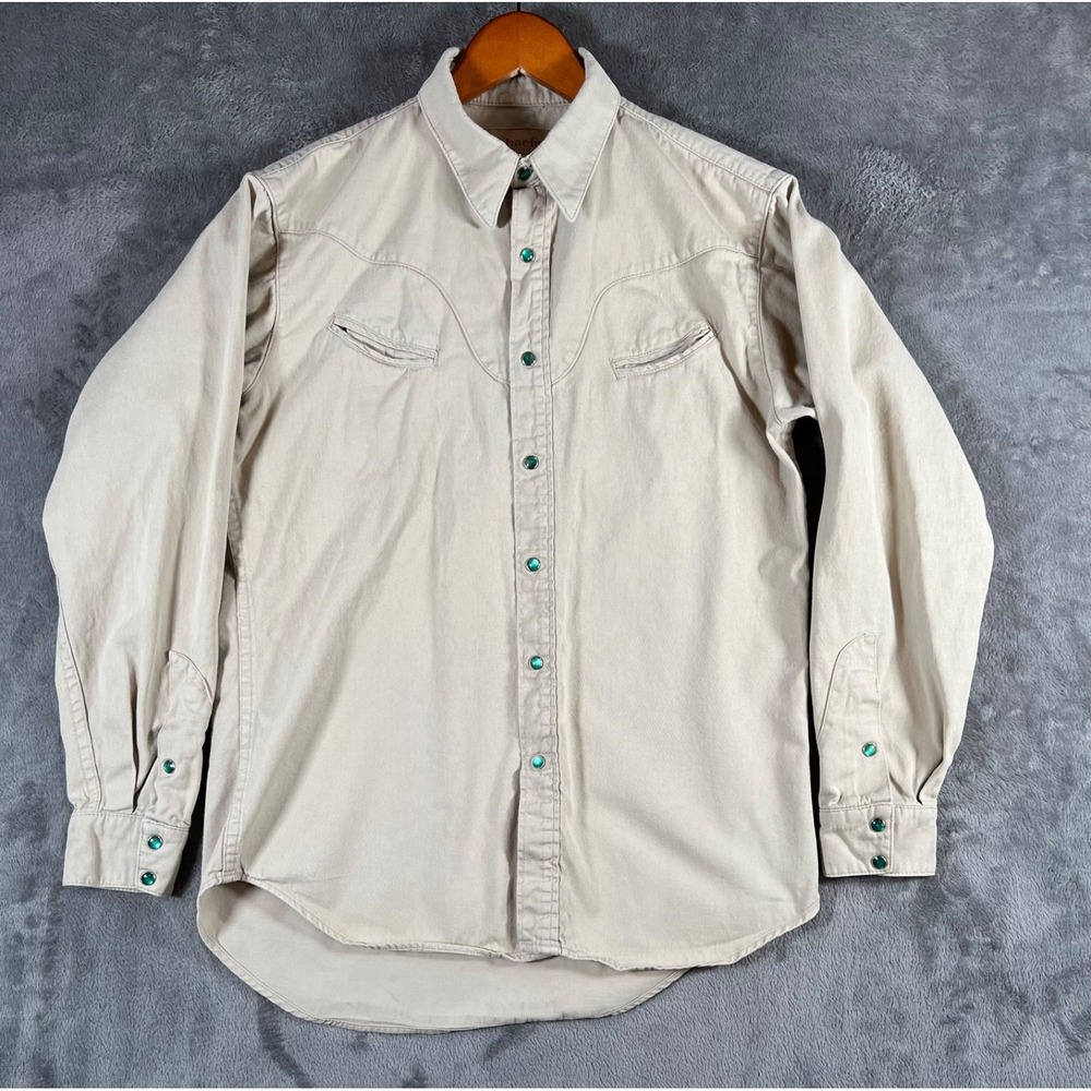 Schaefer Outfitter Pearl Snap Western Shirt Mens Medium Khaki Button Down USA